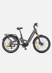 A dark gray step-through electric bicycle with black tires, a black saddle, and orange reflectors, shown from a side profile on a light gray background with the word 'NEW' above it.