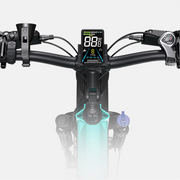 Close-up of a bicycle handlebar with a digital display and various controls on a white background