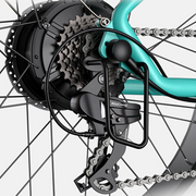 Close-up of a bicycle gear system with a teal frame