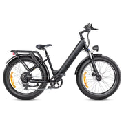 Black electric bike with orange reflectors on a white background