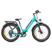 Turquoise electric bike with black components on a white background