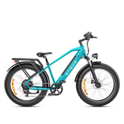 Turquoise electric bike with black components on a white background