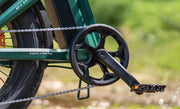 Close-up of a bicycle chain and gear system with a blurred natural background
