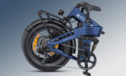 Blue electric bike with a black seat on a gradient background