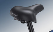Black bicycle seat with 'Engwe' branding on a gradient blue background
