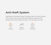 A light gray informational graphic for an anti-theft system, with the heading 'Anti-theft System' and descriptive text about seamless connection through the Engwe App. Three icons and labels below show GPS tracking, motion detection, and keyless unlocking.