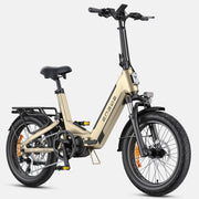 A 20-inch folding electric bicycle with a beige frame and black components, shown from a three-quarter front angle on a light gray background. The brand name 'Engwe' is visible on the frame.
