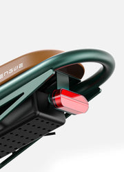Close-up of a green and brown chair with a red button on a white background
