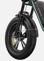 Close-up of an electric bike wheel with a visible brand logo on a white background