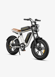 White electric bike with black wheels on a white background