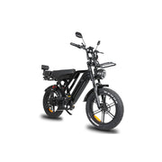 Black electric bike with visible branding on a white background