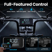 Motorcycle handlebar with digital display showing battery display, real-time speed, total mileage, and card unlock features.
