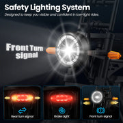 Safety lighting system for vehicles with front turn signal, rear turn signal, brake light, and additional features.